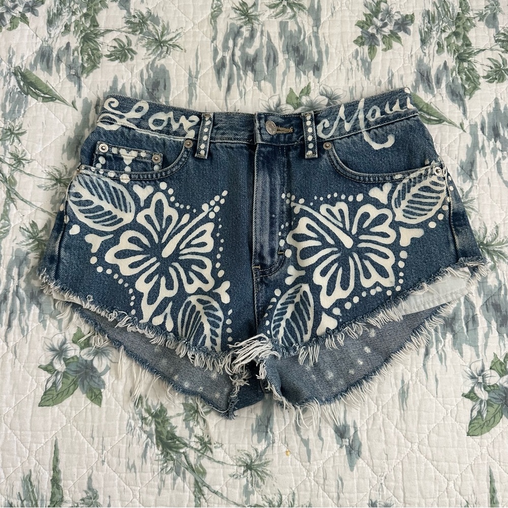 ReMused Maui Upcycled Hand Painted Vintage Denim Shorts Hibiscus Cutoffs Etsy